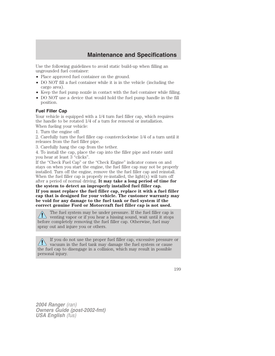 Maintenance and specifications | FORD 2004 Ranger v.3 User Manual | Page 199 / 248