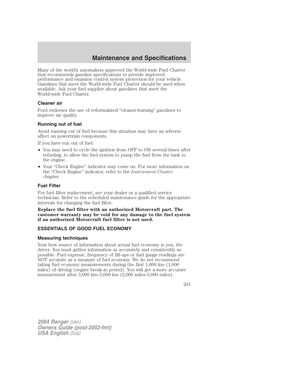 Maintenance and specifications | FORD 2004 Ranger v.3 User Manual | Page 201 / 248