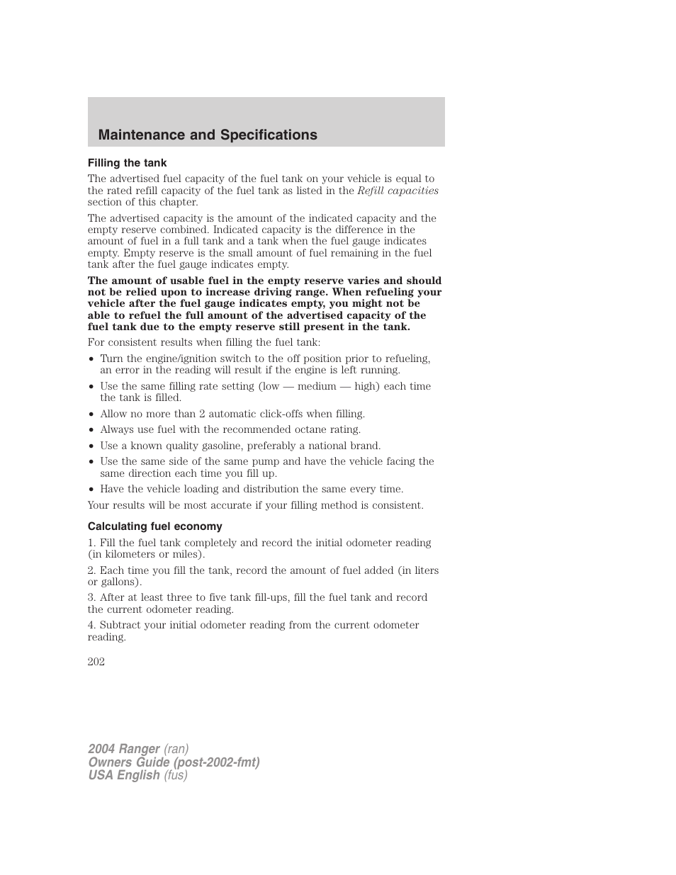 Maintenance and specifications | FORD 2004 Ranger v.3 User Manual | Page 202 / 248