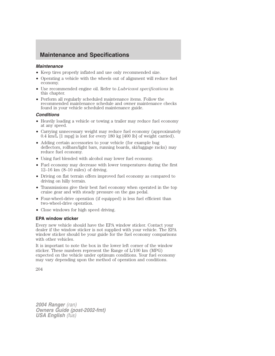 Maintenance and specifications | FORD 2004 Ranger v.3 User Manual | Page 204 / 248