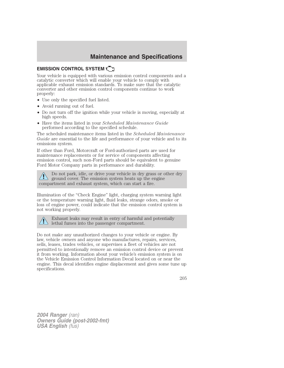 Maintenance and specifications | FORD 2004 Ranger v.3 User Manual | Page 205 / 248