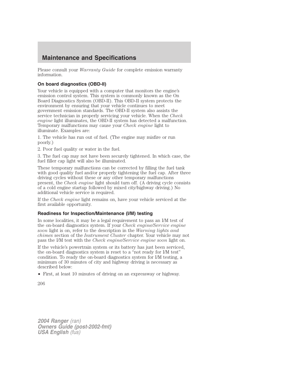 Maintenance and specifications | FORD 2004 Ranger v.3 User Manual | Page 206 / 248