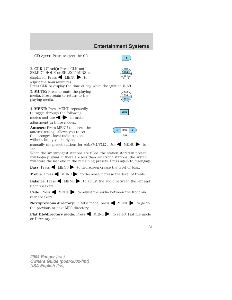 Entertainment systems | FORD 2004 Ranger v.3 User Manual | Page 21 / 248