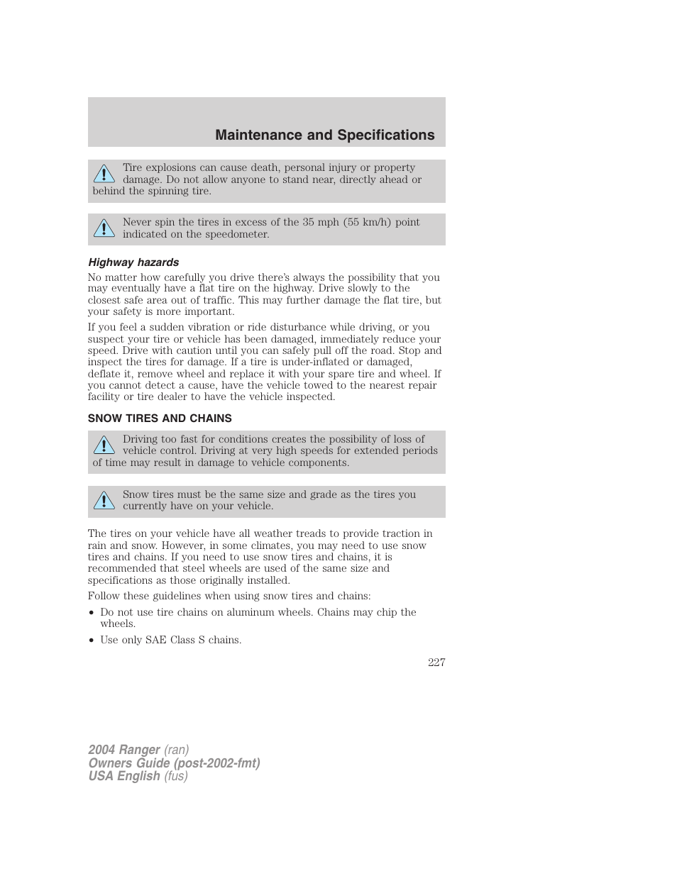 Maintenance and specifications | FORD 2004 Ranger v.3 User Manual | Page 227 / 248