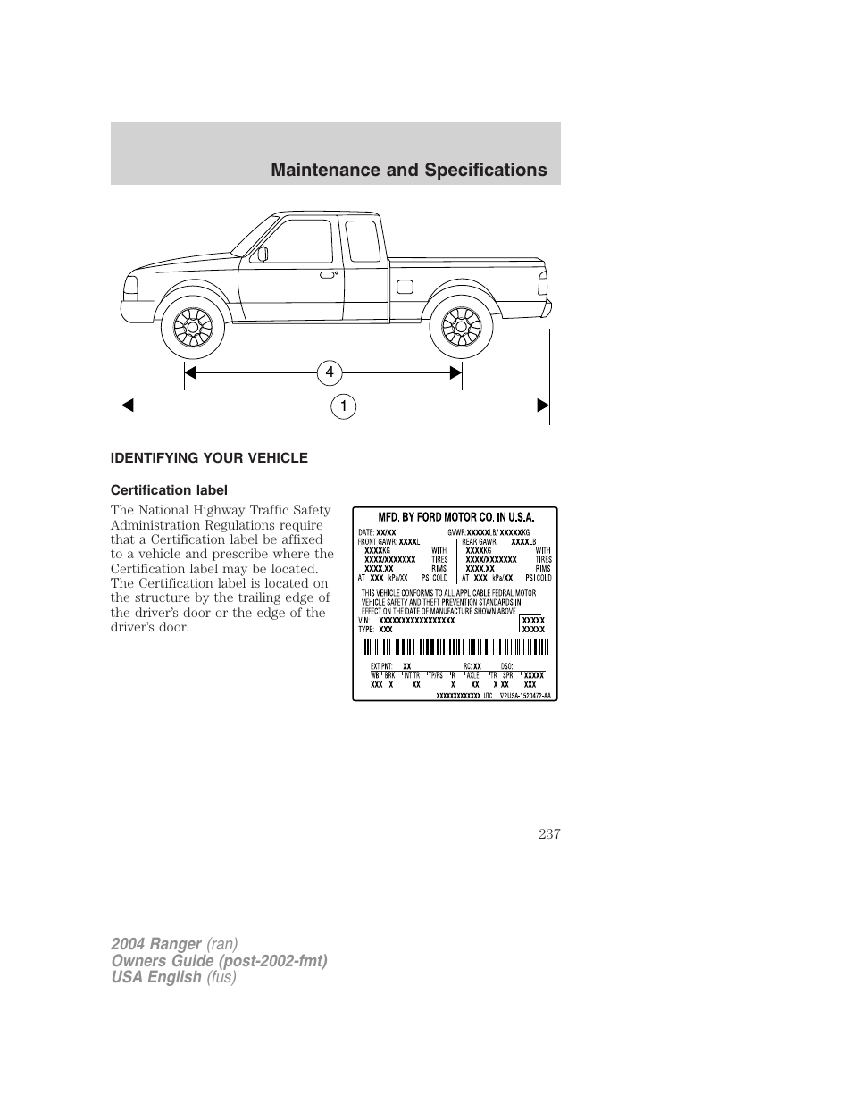 Maintenance and specifications | FORD 2004 Ranger v.3 User Manual | Page 237 / 248