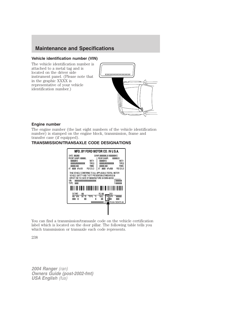 Maintenance and specifications | FORD 2004 Ranger v.3 User Manual | Page 238 / 248
