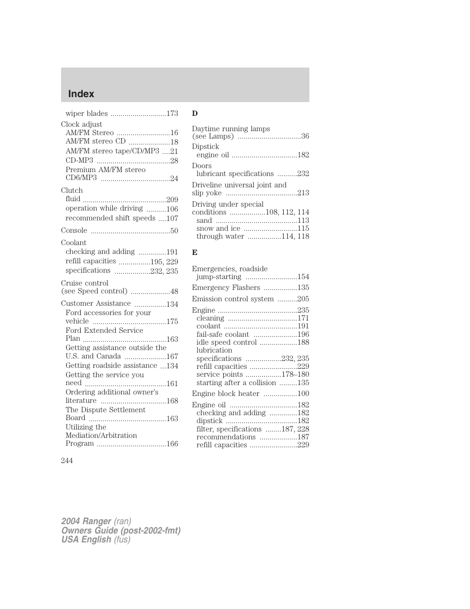 Index | FORD 2004 Ranger v.3 User Manual | Page 244 / 248