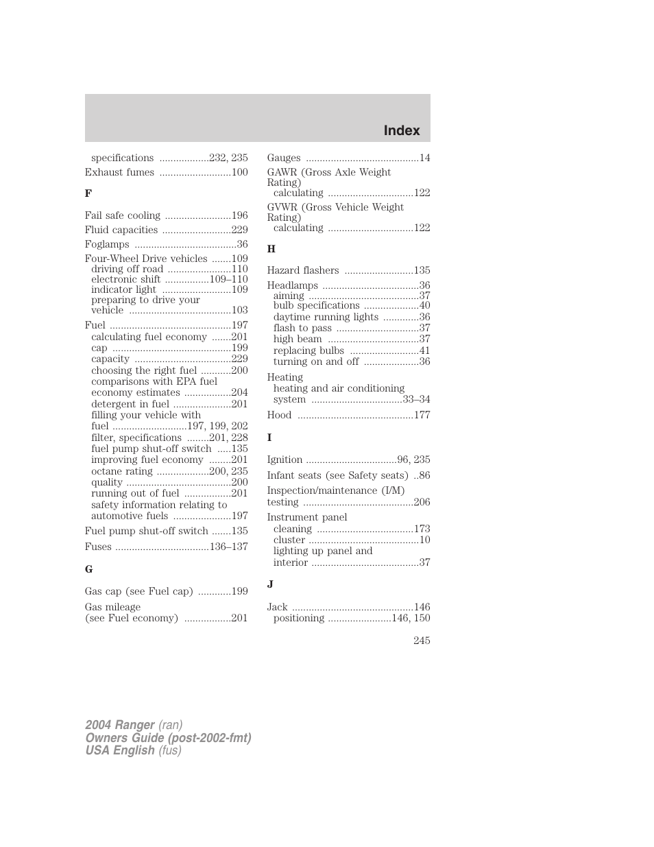 Index | FORD 2004 Ranger v.3 User Manual | Page 245 / 248