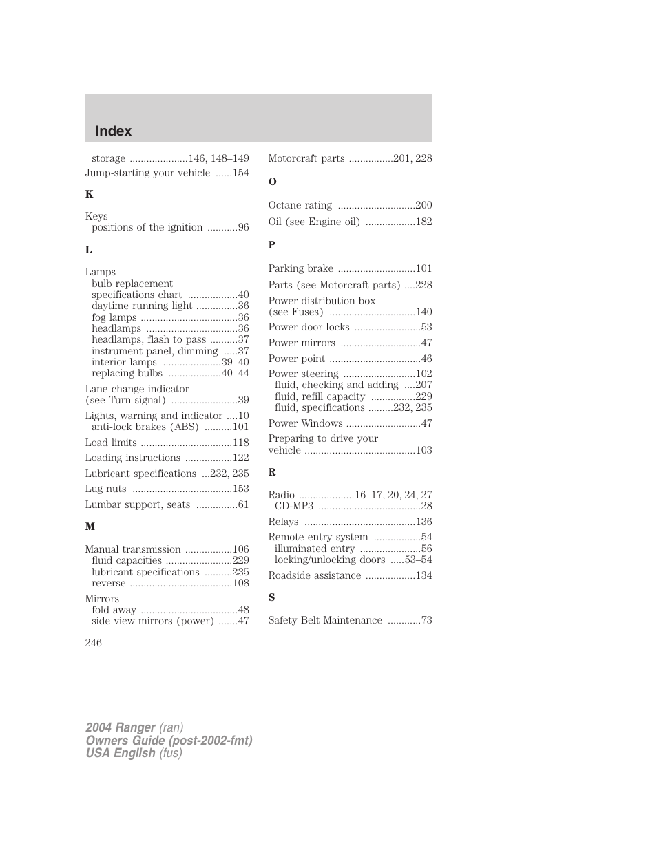 Index | FORD 2004 Ranger v.3 User Manual | Page 246 / 248