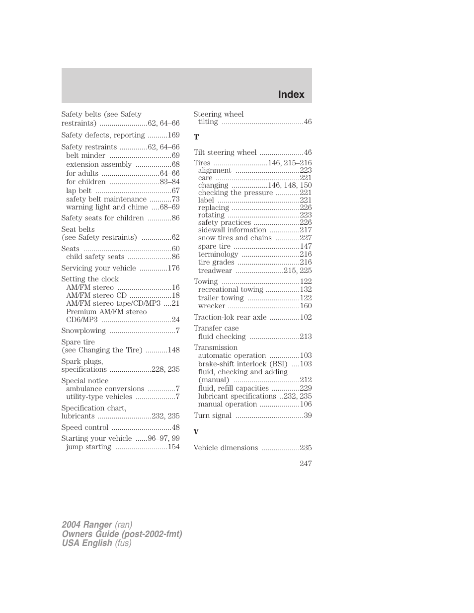 Index | FORD 2004 Ranger v.3 User Manual | Page 247 / 248