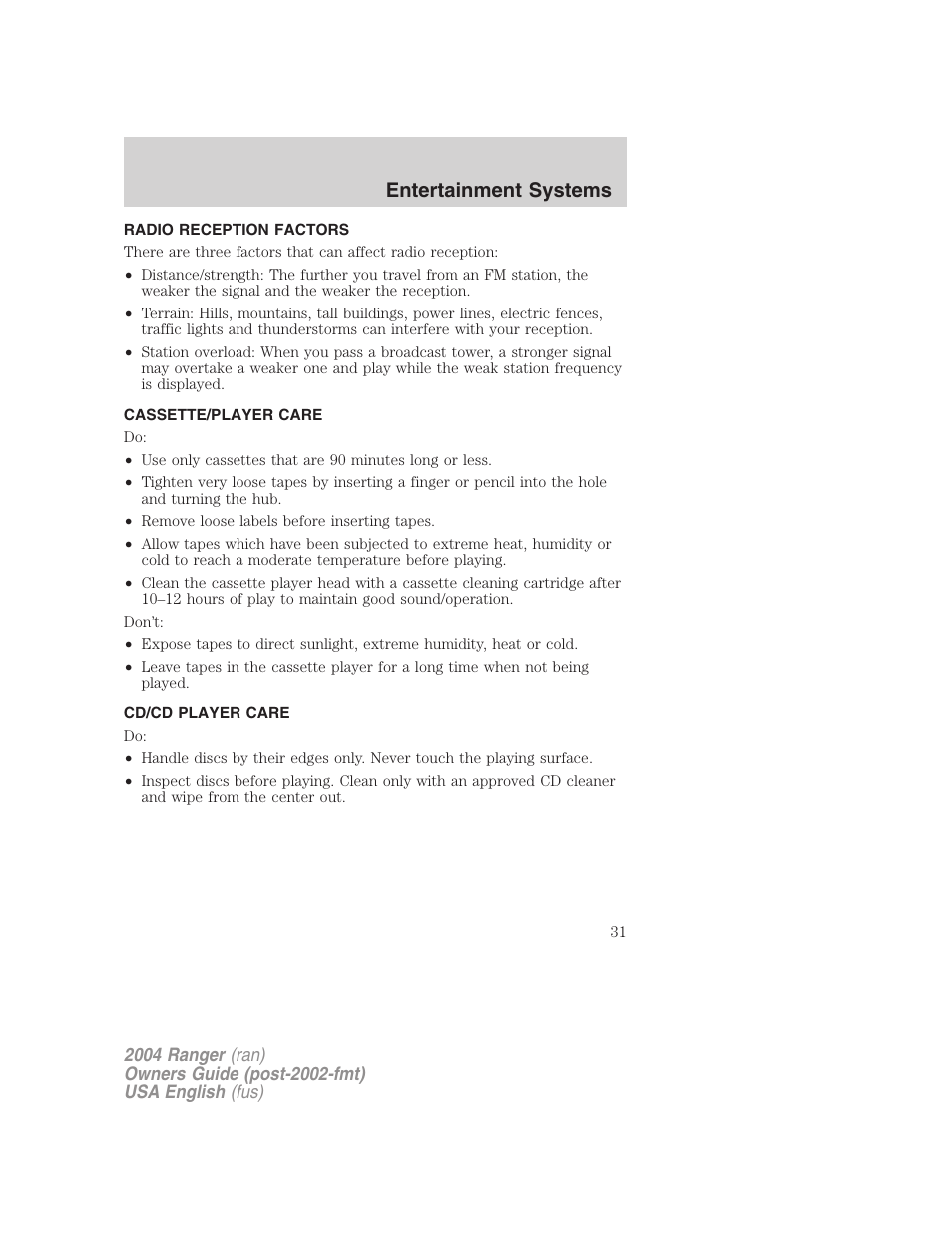 Entertainment systems | FORD 2004 Ranger v.3 User Manual | Page 31 / 248