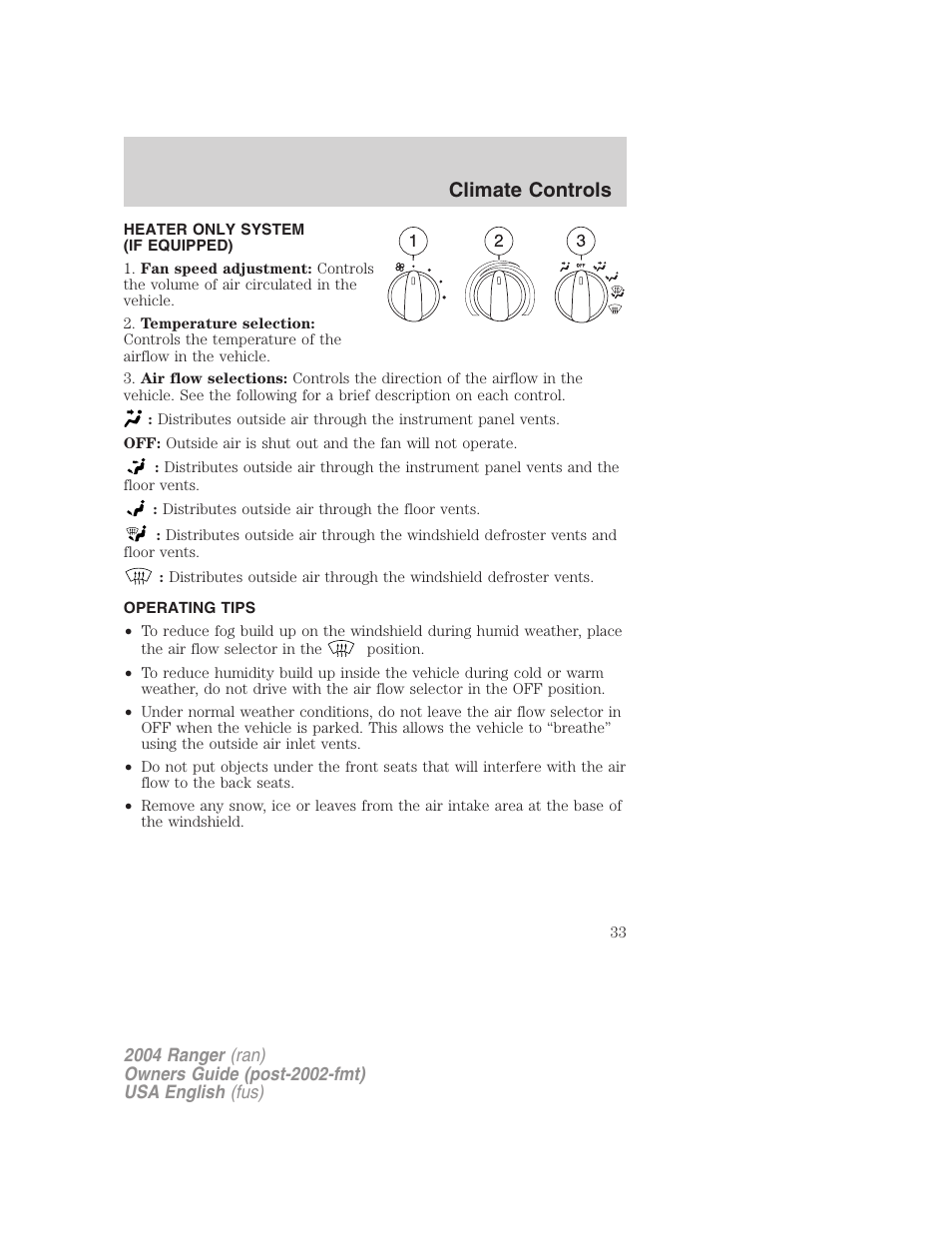 Climate controls | FORD 2004 Ranger v.3 User Manual | Page 33 / 248