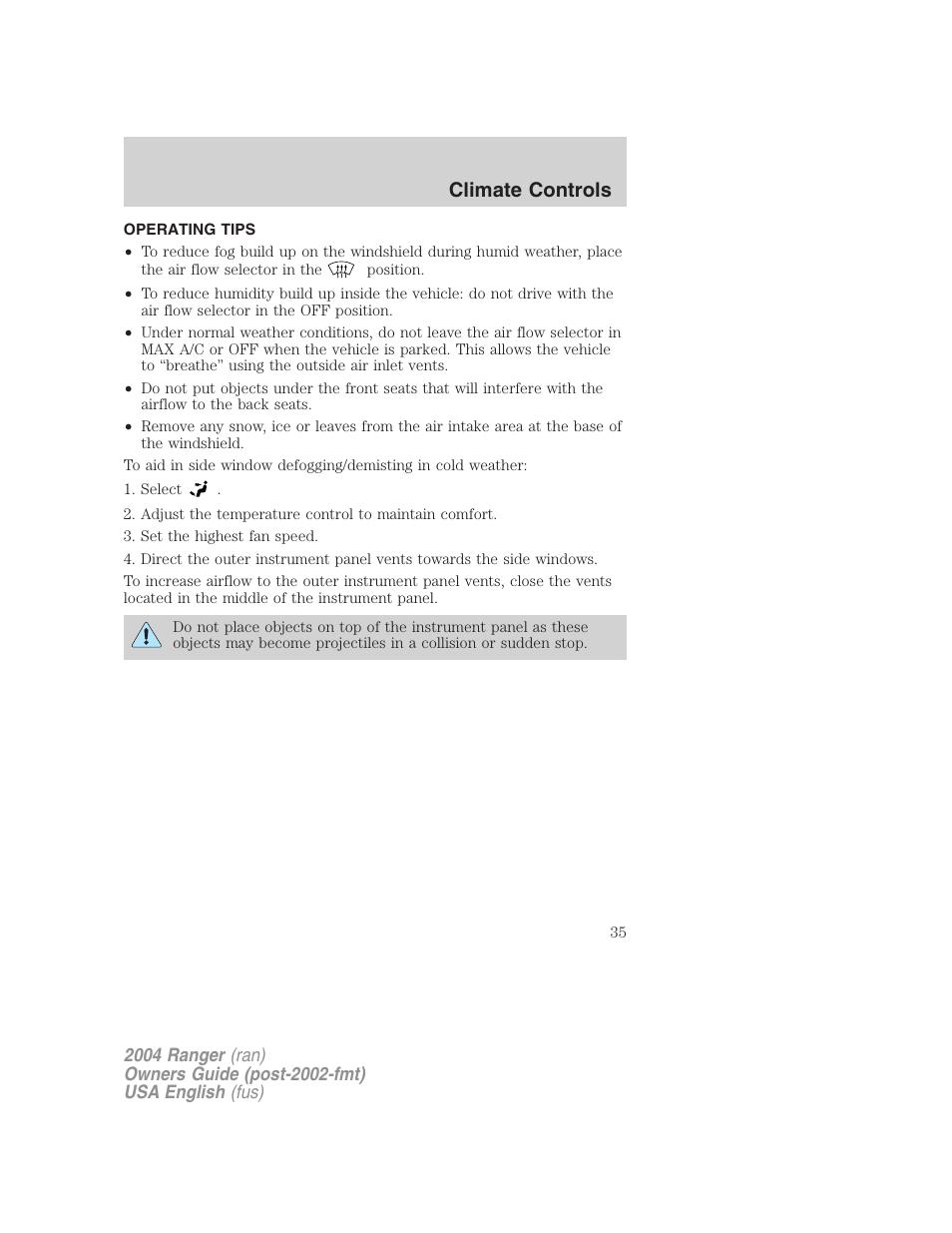 Climate controls | FORD 2004 Ranger v.3 User Manual | Page 35 / 248