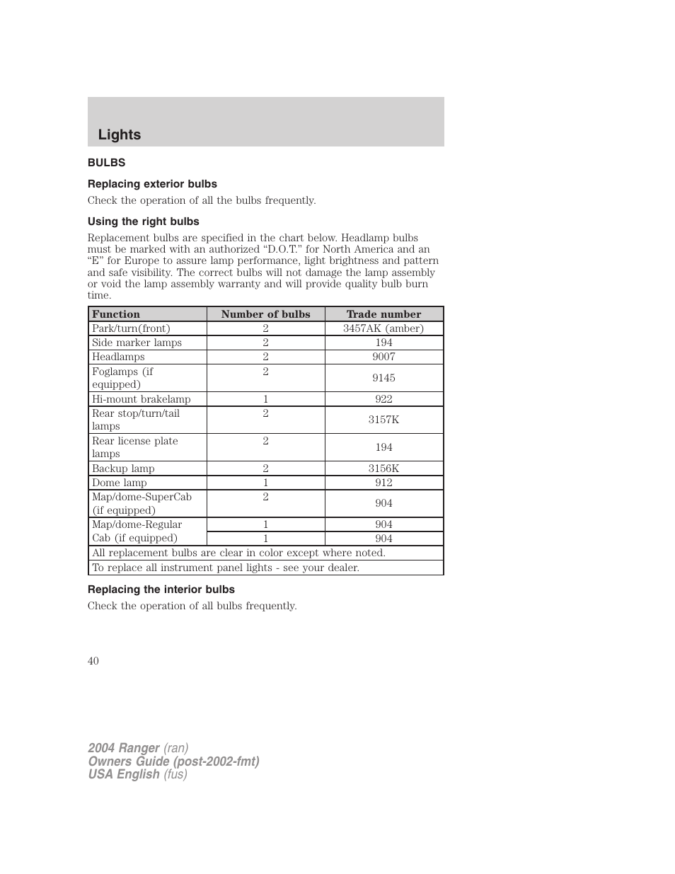 Lights | FORD 2004 Ranger v.3 User Manual | Page 40 / 248