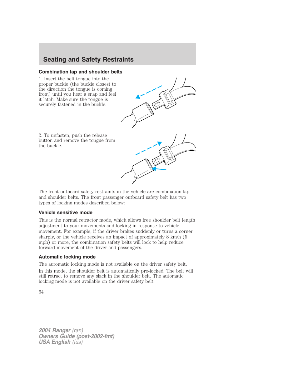 Seating and safety restraints | FORD 2004 Ranger v.3 User Manual | Page 64 / 248