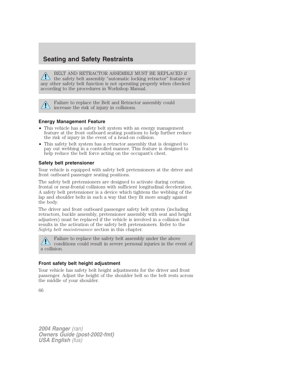 Seating and safety restraints | FORD 2004 Ranger v.3 User Manual | Page 66 / 248