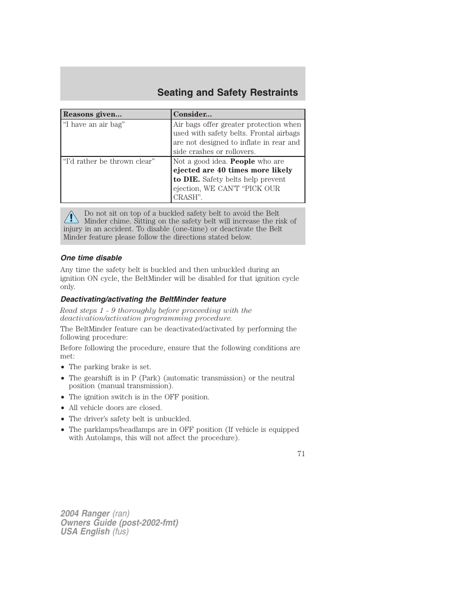 Seating and safety restraints | FORD 2004 Ranger v.3 User Manual | Page 71 / 248