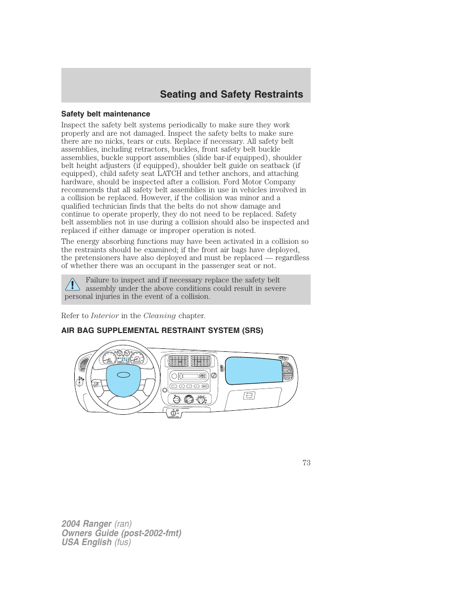 Seating and safety restraints | FORD 2004 Ranger v.3 User Manual | Page 73 / 248