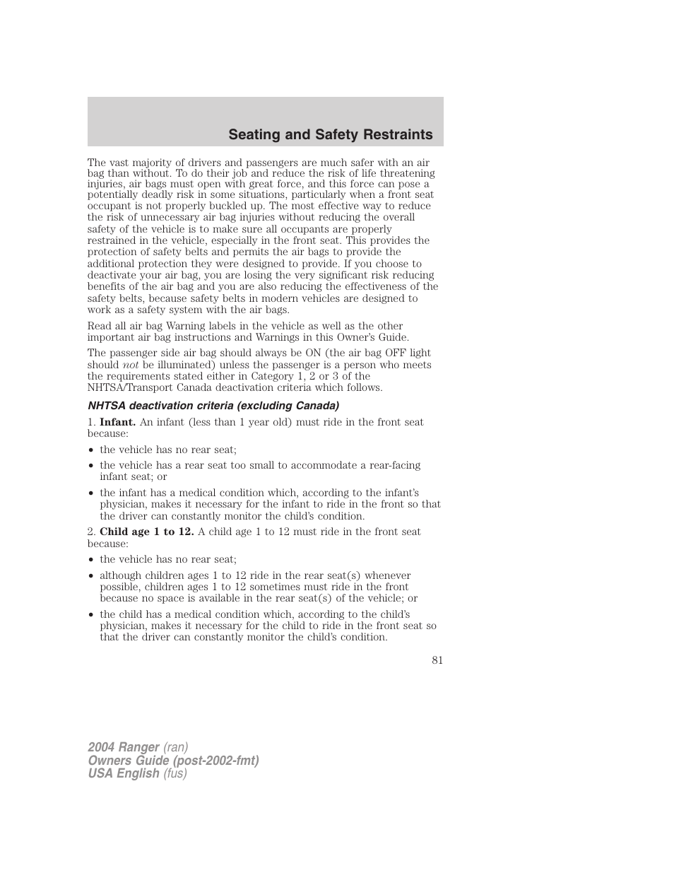 Seating and safety restraints | FORD 2004 Ranger v.3 User Manual | Page 81 / 248