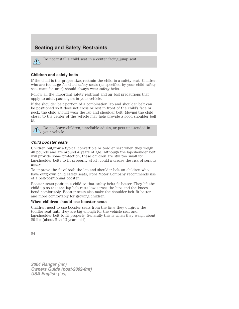 Seating and safety restraints | FORD 2004 Ranger v.3 User Manual | Page 84 / 248