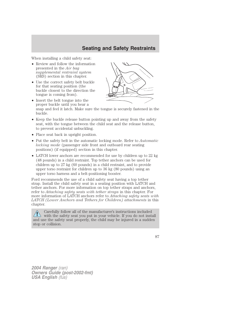 Seating and safety restraints | FORD 2004 Ranger v.3 User Manual | Page 87 / 248