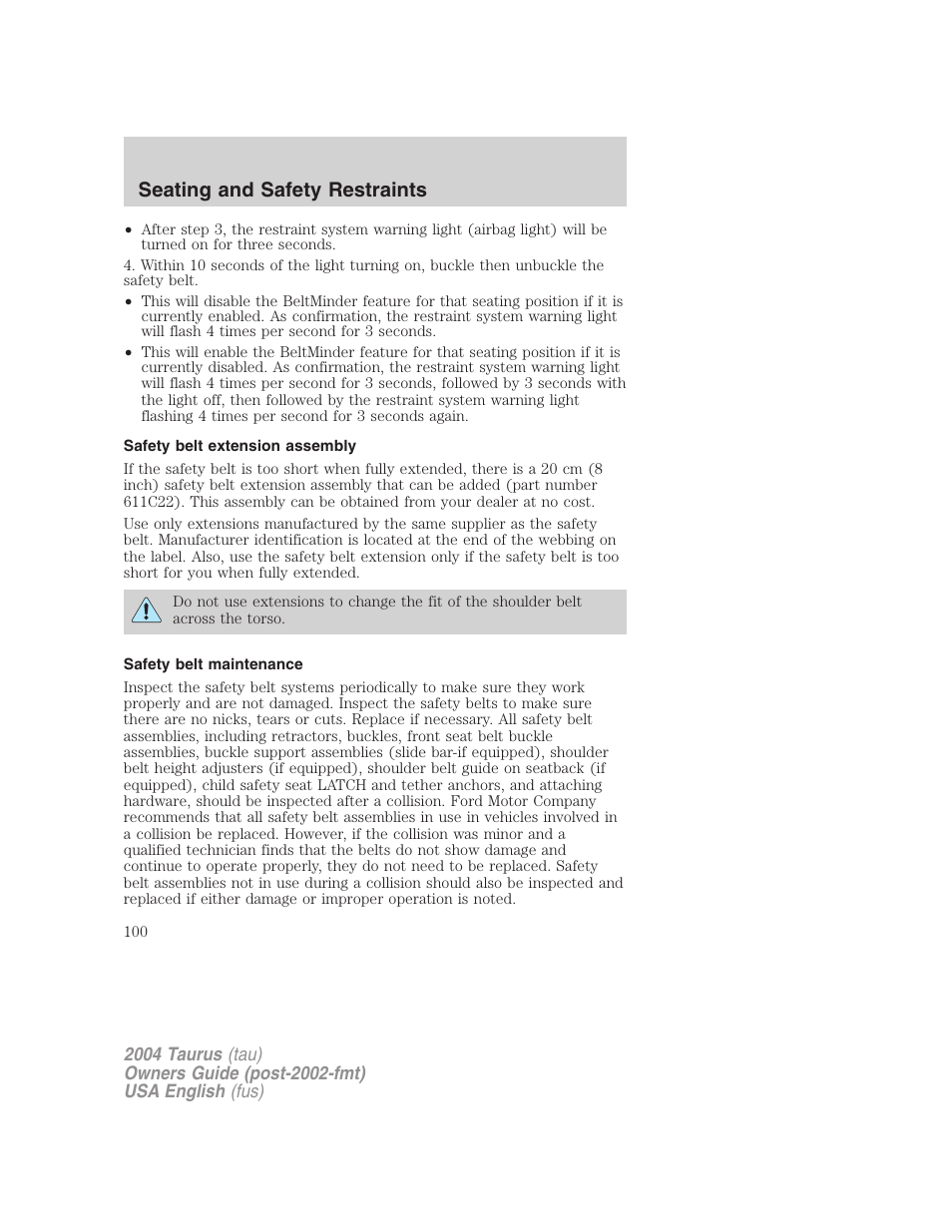Seating and safety restraints | FORD 2004 Taurus v.1 User Manual | Page 100 / 240