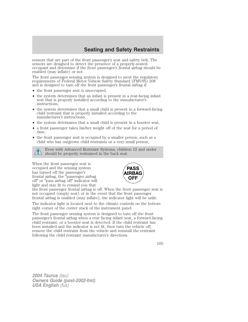 Seating and safety restraints | FORD 2004 Taurus v.1 User Manual | Page 105 / 240