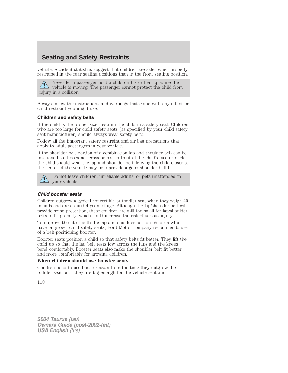 Seating and safety restraints | FORD 2004 Taurus v.1 User Manual | Page 110 / 240