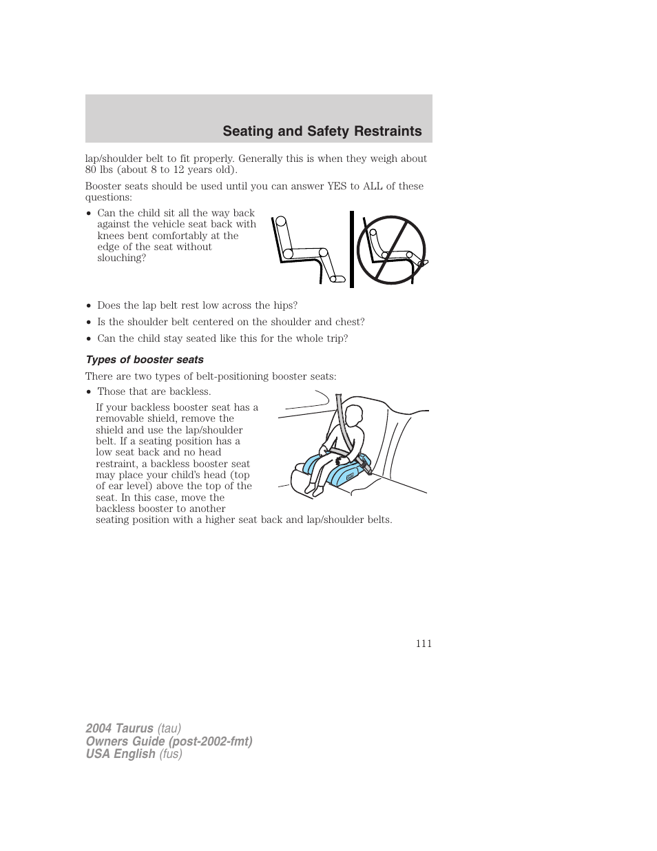 Seating and safety restraints | FORD 2004 Taurus v.1 User Manual | Page 111 / 240