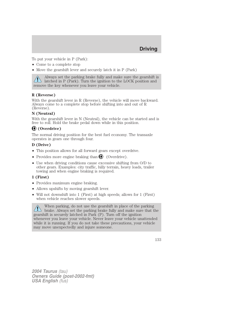 Driving | FORD 2004 Taurus v.1 User Manual | Page 133 / 240
