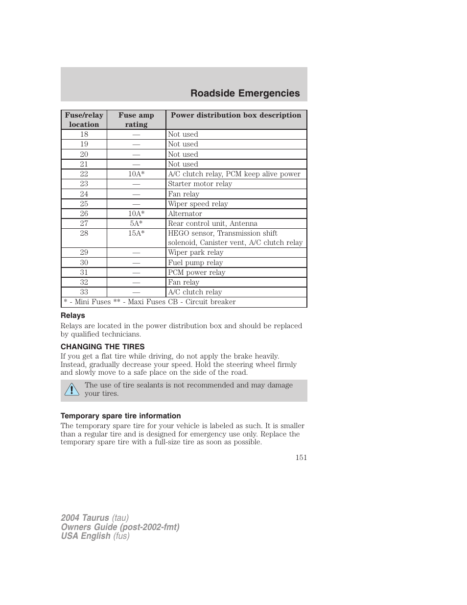 Roadside emergencies | FORD 2004 Taurus v.1 User Manual | Page 151 / 240