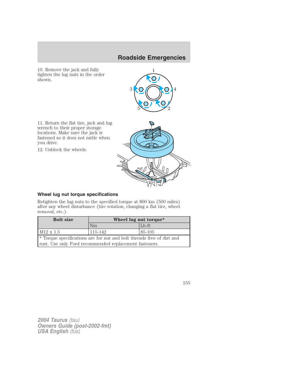 Roadside emergencies | FORD 2004 Taurus v.1 User Manual | Page 155 / 240