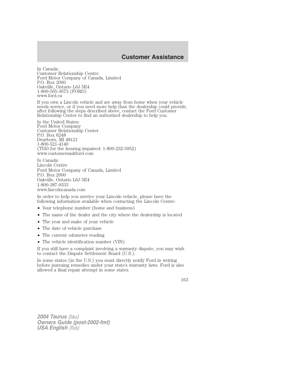 Customer assistance | FORD 2004 Taurus v.1 User Manual | Page 163 / 240