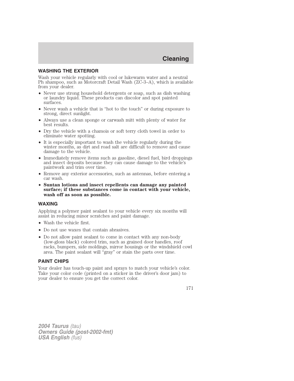 Cleaning | FORD 2004 Taurus v.1 User Manual | Page 171 / 240