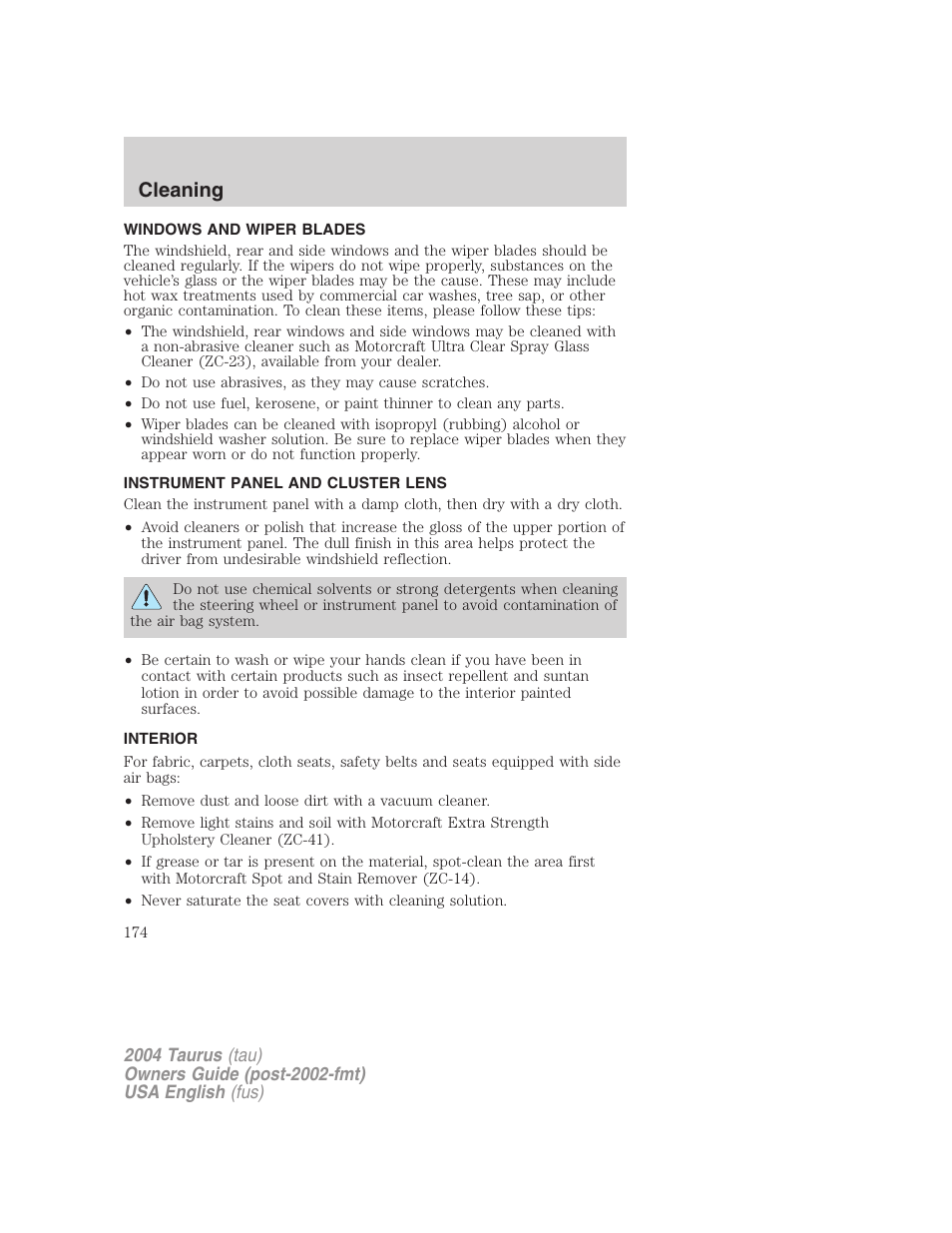 Cleaning | FORD 2004 Taurus v.1 User Manual | Page 174 / 240