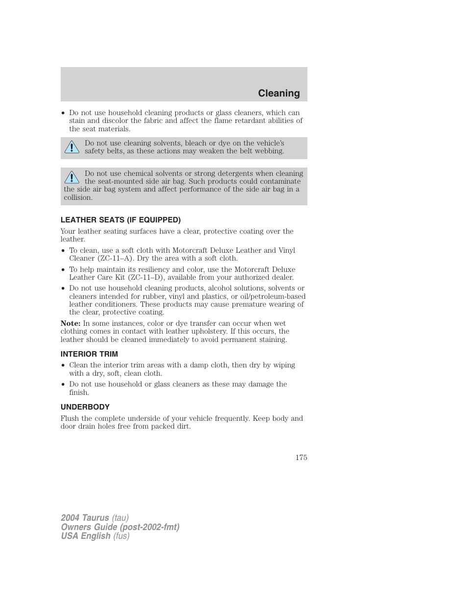 Cleaning | FORD 2004 Taurus v.1 User Manual | Page 175 / 240