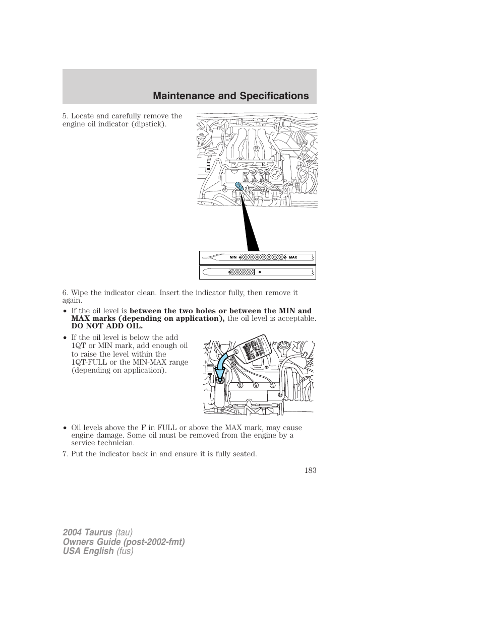 Maintenance and specifications | FORD 2004 Taurus v.1 User Manual | Page 183 / 240