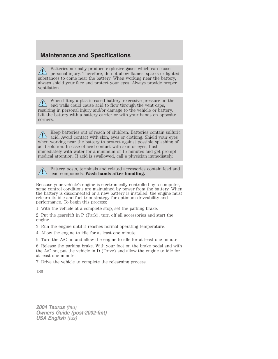 Maintenance and specifications | FORD 2004 Taurus v.1 User Manual | Page 186 / 240