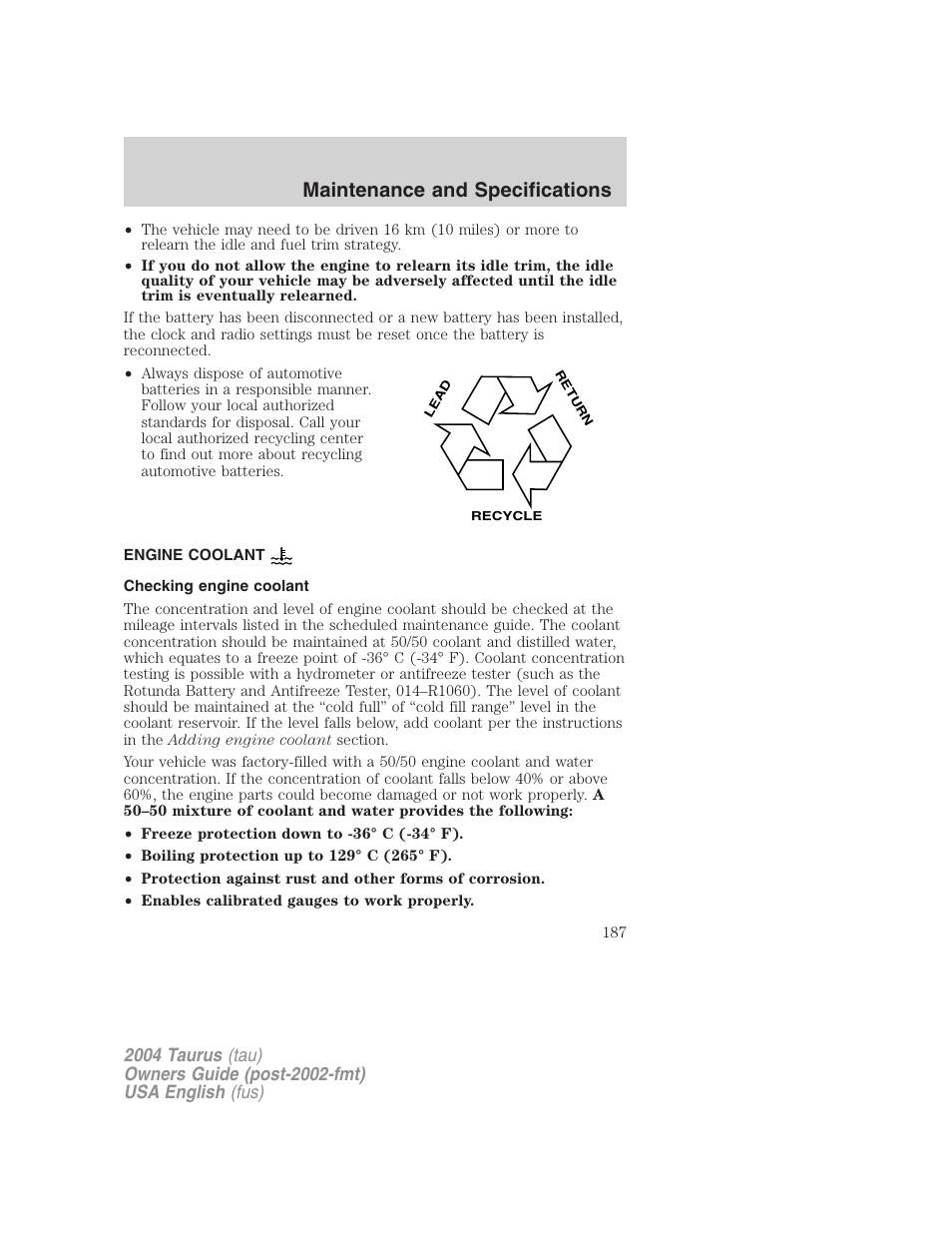 Maintenance and specifications | FORD 2004 Taurus v.1 User Manual | Page 187 / 240