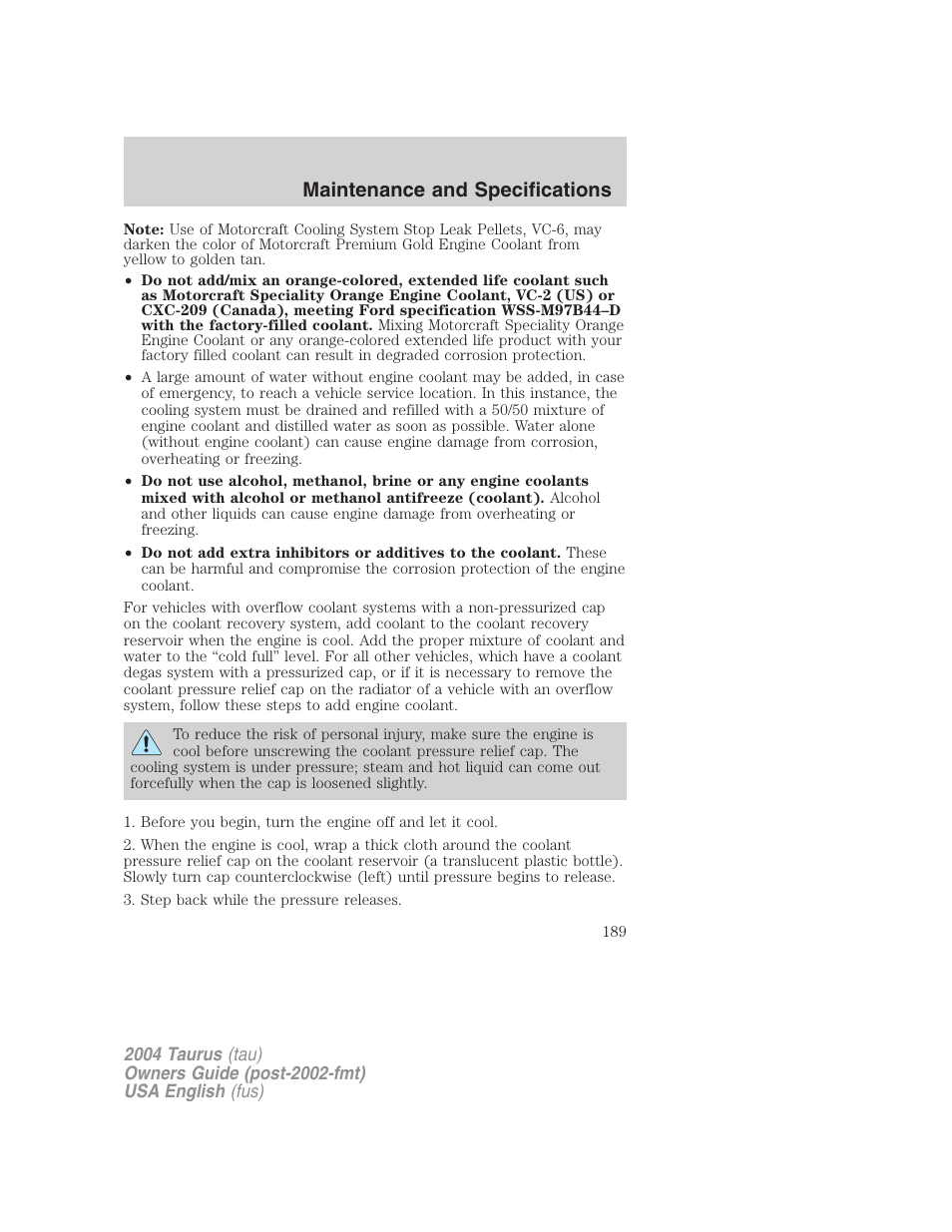 Maintenance and specifications | FORD 2004 Taurus v.1 User Manual | Page 189 / 240