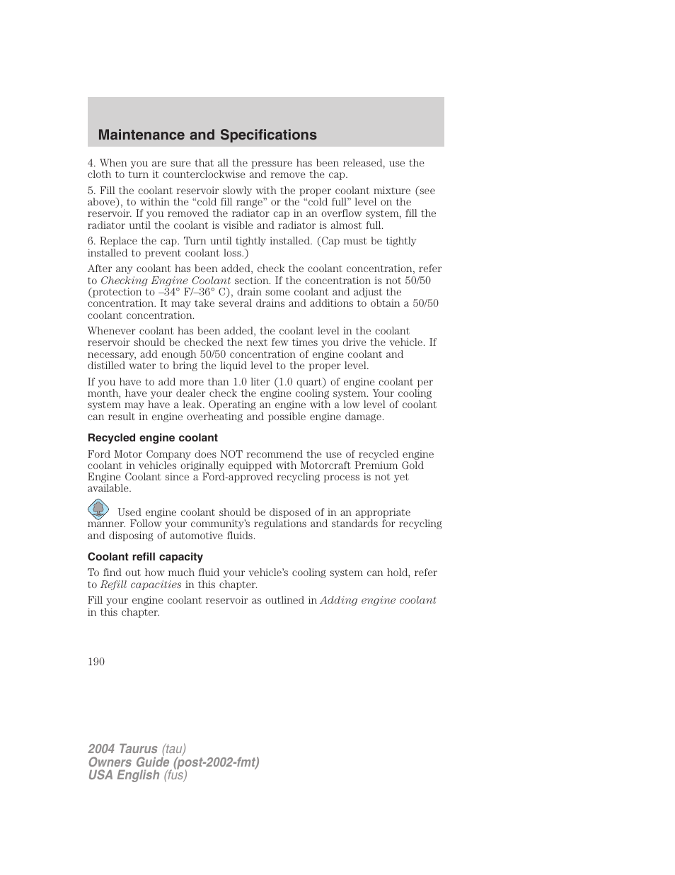 Maintenance and specifications | FORD 2004 Taurus v.1 User Manual | Page 190 / 240