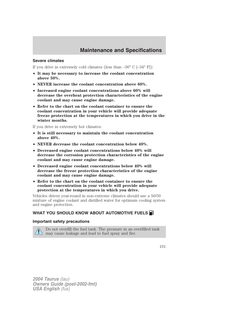 Maintenance and specifications | FORD 2004 Taurus v.1 User Manual | Page 191 / 240