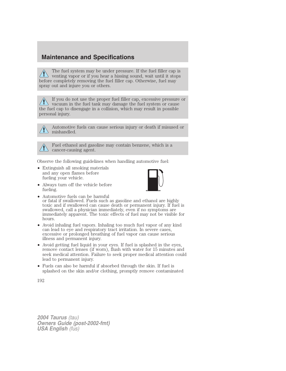 Maintenance and specifications | FORD 2004 Taurus v.1 User Manual | Page 192 / 240
