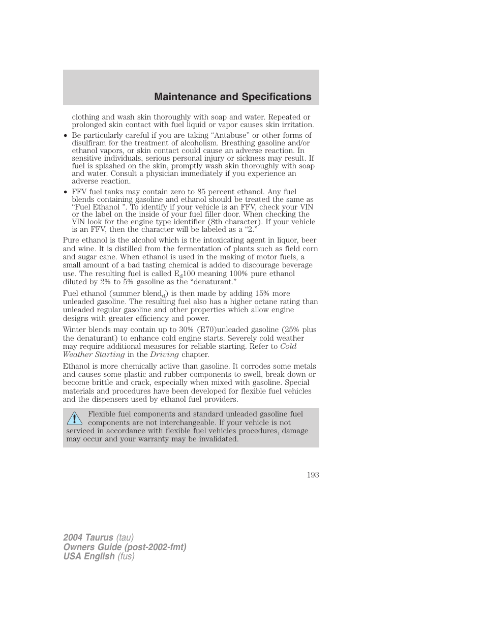 Maintenance and specifications | FORD 2004 Taurus v.1 User Manual | Page 193 / 240