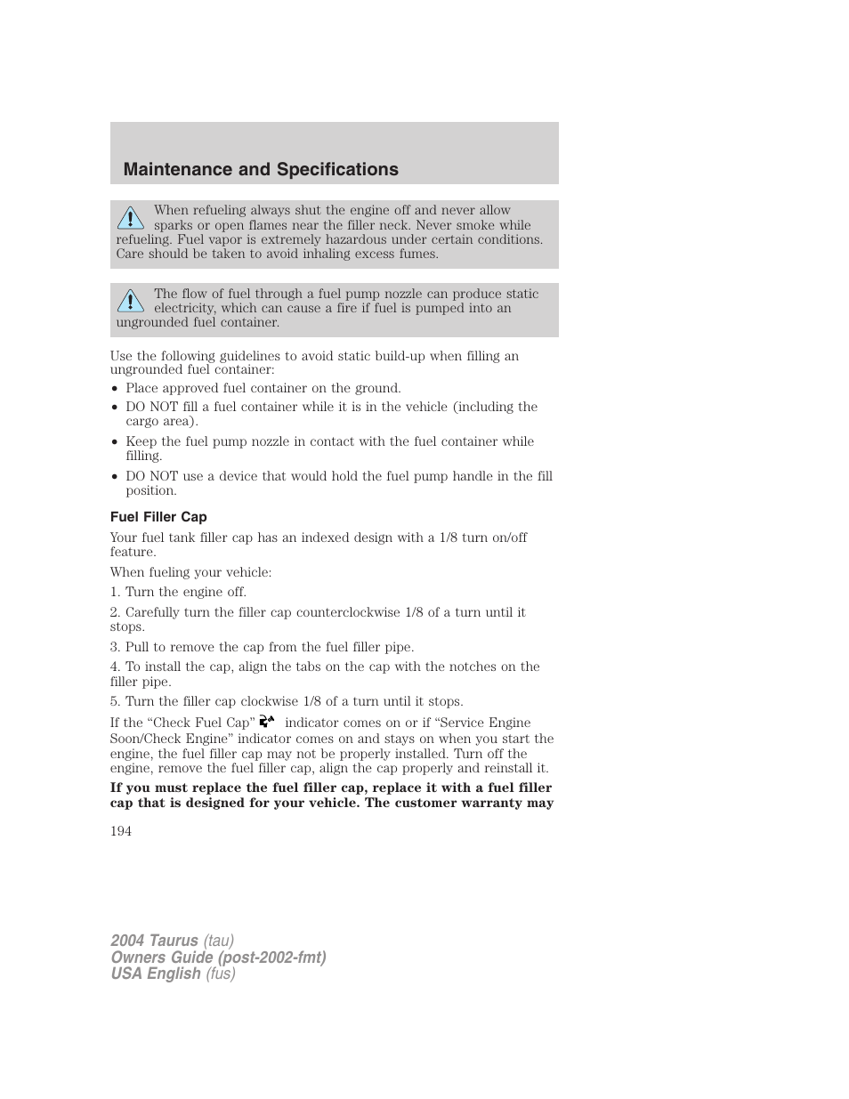 Maintenance and specifications | FORD 2004 Taurus v.1 User Manual | Page 194 / 240