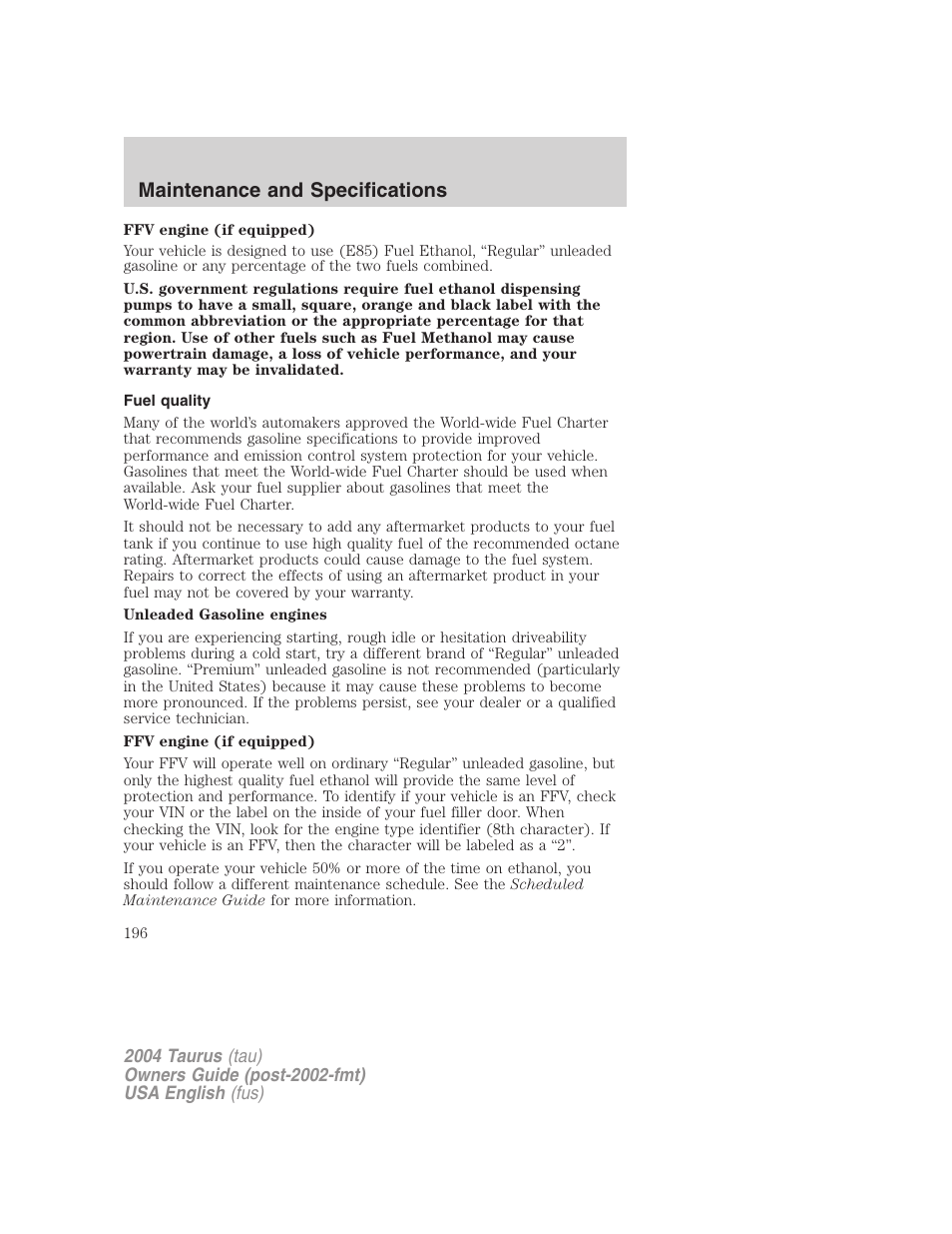 Maintenance and specifications | FORD 2004 Taurus v.1 User Manual | Page 196 / 240