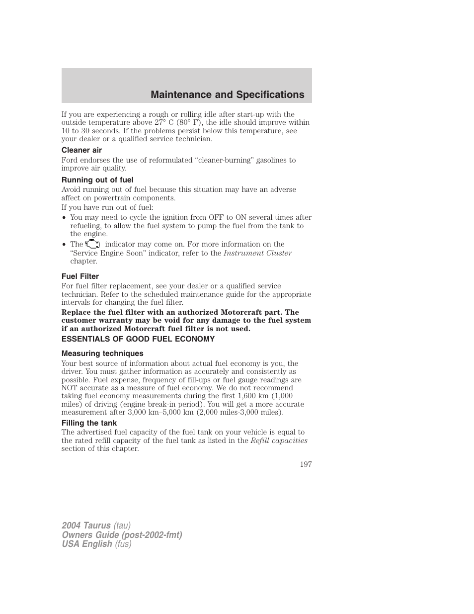 Maintenance and specifications | FORD 2004 Taurus v.1 User Manual | Page 197 / 240