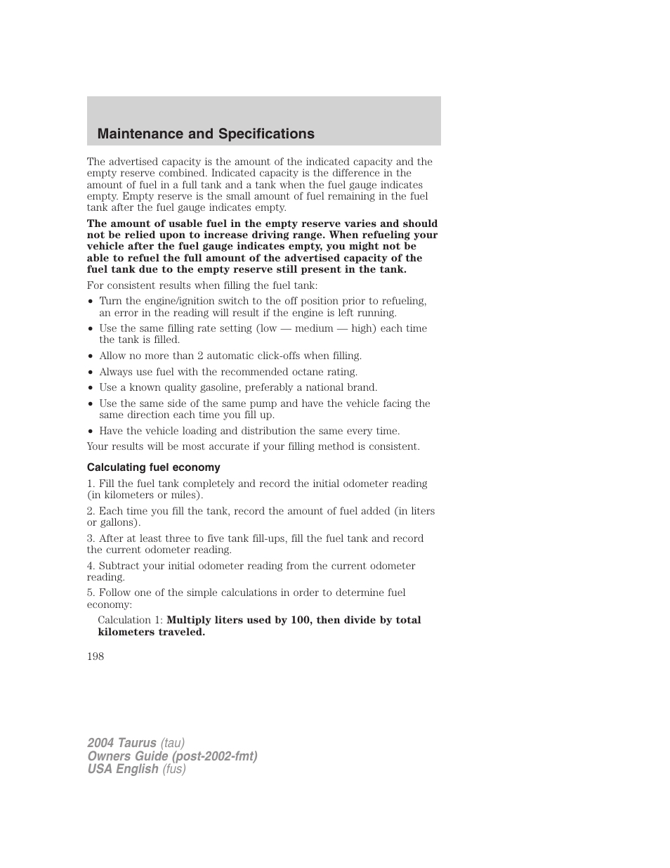 Maintenance and specifications | FORD 2004 Taurus v.1 User Manual | Page 198 / 240