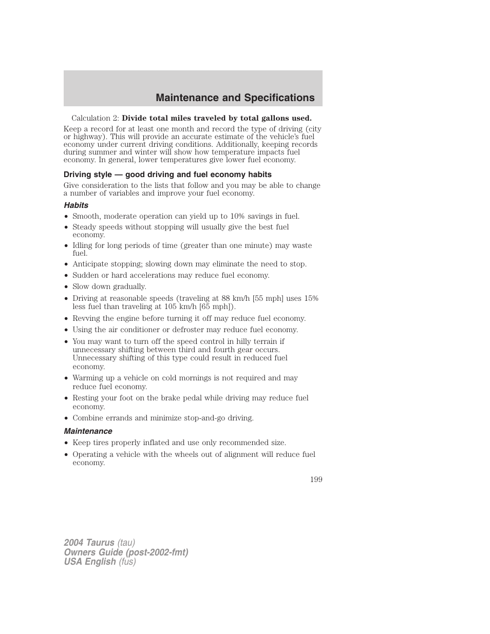 Maintenance and specifications | FORD 2004 Taurus v.1 User Manual | Page 199 / 240