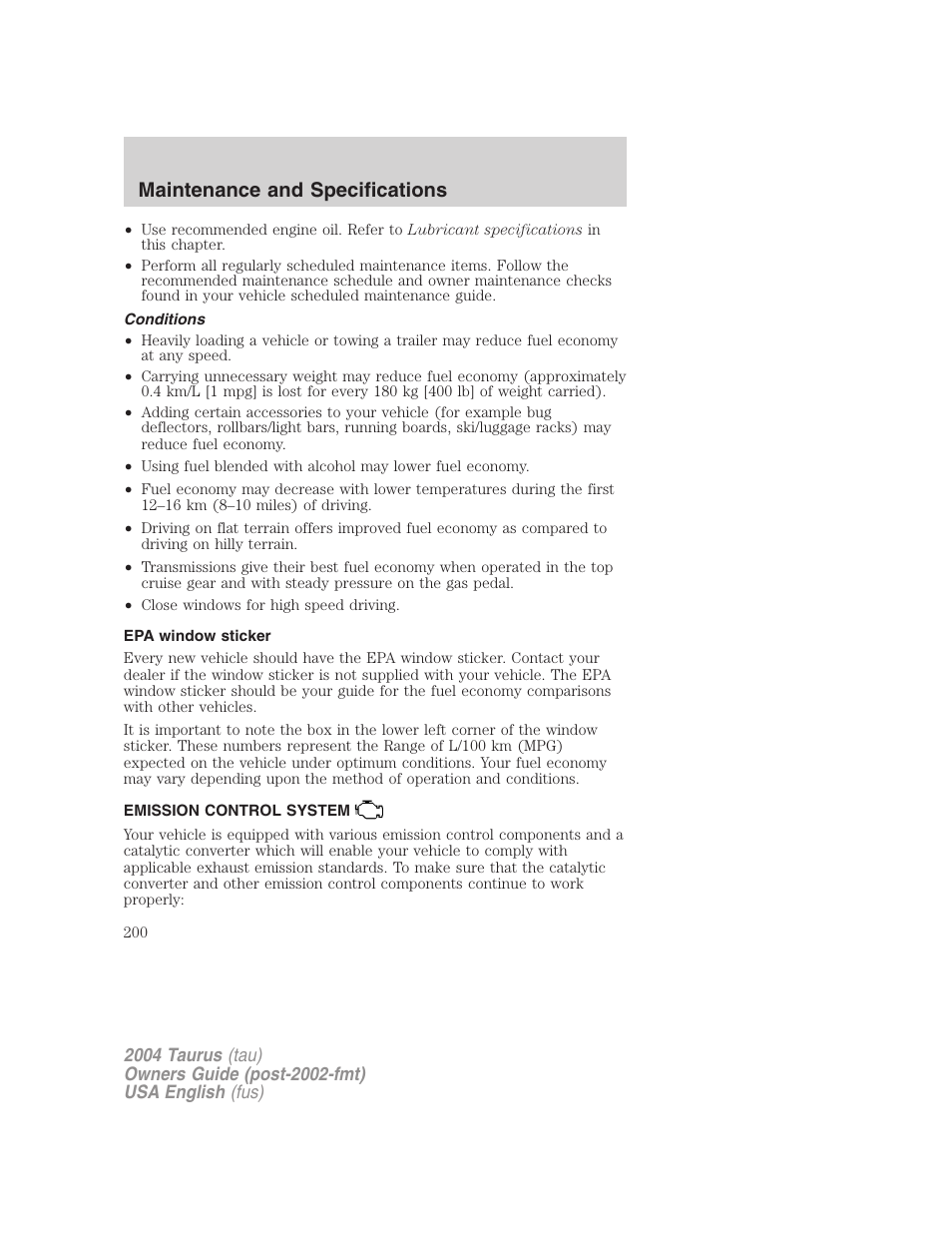 Maintenance and specifications | FORD 2004 Taurus v.1 User Manual | Page 200 / 240